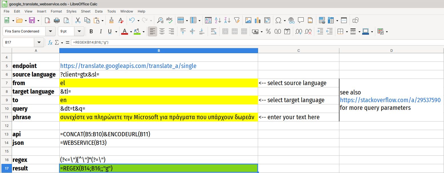 Screenshot of LibreOffice Calc spreadsheet and the formulas and functions used to consume the Google Translate API